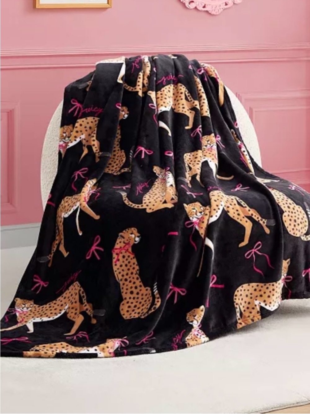 Plush Leopard Print Throw Blanket - Black with Pink Accents